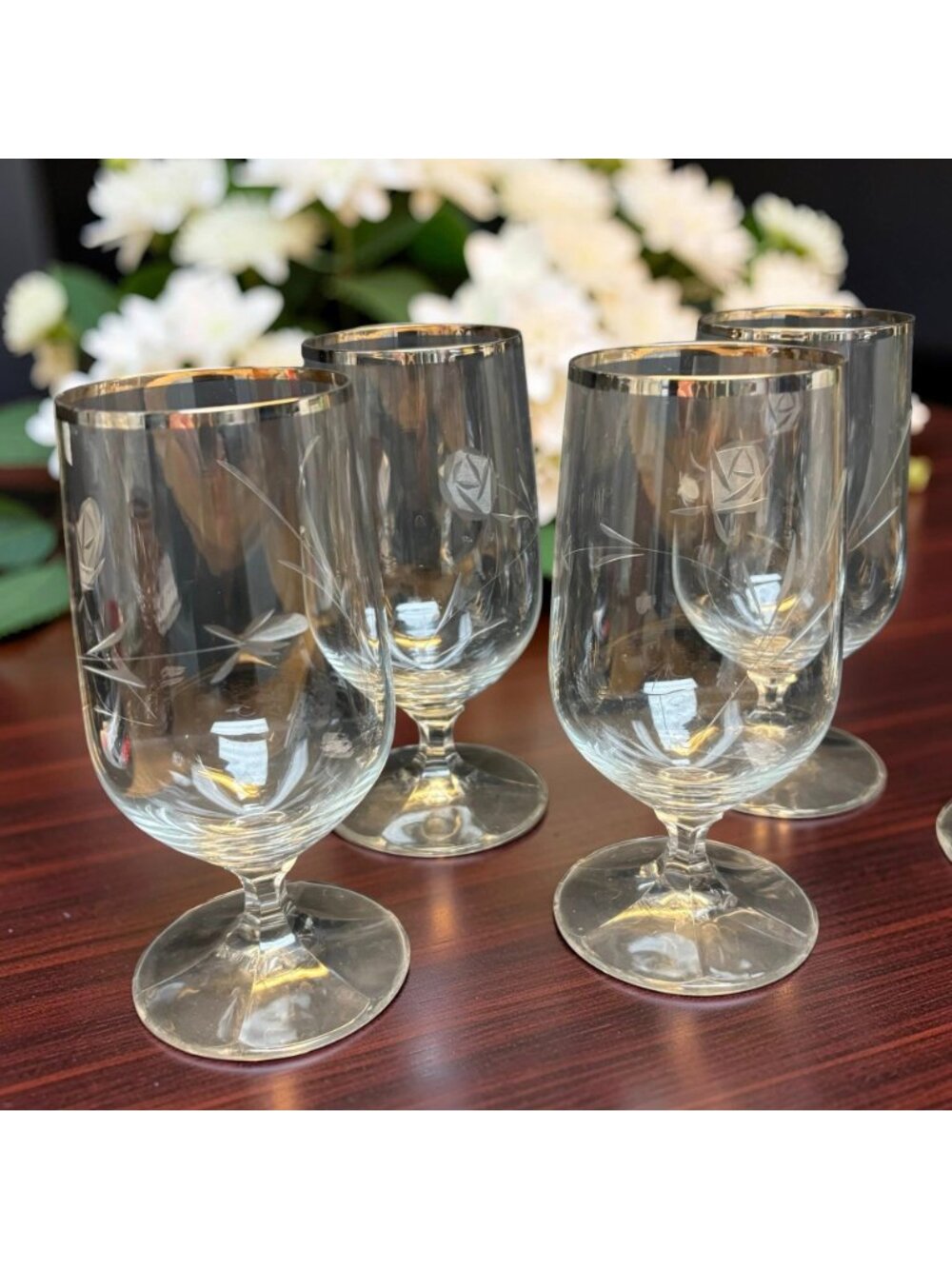Set of 6 Vintage Crystal Goblets with Platinum Rim and Wheel-Cut Rose Etching, L - Picture 4 of 5